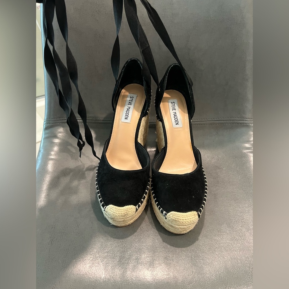 Steve Madden Lani Black Espadrille Wedge Sandals - Picture 7 of 8